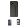 MARSİLYAN™- iPhone 12 Pro Kılıf Akış Doku - Siyah 34D Hayalet Izgaralı Cam + Mavi Neon Fosforlu Kamera Lens