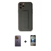 MARSİLYAN™- iPhone 12 Pro Kılıf Akış Doku - Siyah 34D Hayalet Izgaralı Cam + Neon Fosforlu Kamera Lens - SI