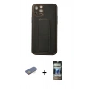MARSİLYAN™- iPhone 12 Pro Kılıf Akış Doku - Siyah 34D Hayalet Izgaralı Cam + Renkli Kamera Lens Koruma Cam - SI