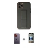 MARSİLYAN™- iPhone 12 Pro Kılıf Akış Doku - Siyah 34D Hayalet Izgaralı Cam + Neon Fosforlu Kamera Lens - TU