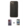 MARSİLYAN™- iPhone 12 Pro Kılıf Akış Doku - Siyah 34D Hayalet Izgaralı Cam + Neon Fosforlu Kamera Lens - TU