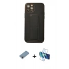MARSİLYAN™- iPhone 12 Pro Kılıf Akış Doku - Siyah 3D Antistatik Cam Ekran Koruyucu + Shine Kamera Lens Koruma Cam - GI