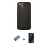 MARSİLYAN™- iPhone 12 Pro Kılıf Akış Doku - Siyah 3D Antistatik Hayalet Cam Ekran Koruyucu + Metal Kamera Lens Koruma Cam - MR