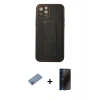 MARSİLYAN™- iPhone 12 Pro Kılıf Akış Doku - Siyah 3D Antistatik Hayalet Cam Ekran Koruyucu + Shine Kamera Lens Koruma Cam - PE