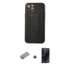 MARSİLYAN™- iPhone 12 Pro Kılıf Akış Doku - Siyah 3D Antistatik Hayalet Cam Ekran Koruyucu + Shine Kamera Lens Koruma Cam - SABE