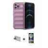 MARSİLYAN™- iPhone 12 Pro Kılıf Atlas Koleksiyonu - Siyah 34D Hayalet Izgaralı Cam + Rainbow Kamera Lens Koruma Cam - GD