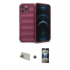 MARSİLYAN™- iPhone 12 Pro Kılıf Atlas Koleksiyonu - Siyah 34D Hayalet Izgaralı Cam + Rainbow Kamera Lens Koruma Cam - GD