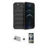 MARSİLYAN™- iPhone 12 Pro Kılıf Atlas Koleksiyonu - Siyah 34D Hayalet Izgaralı Cam + Rainbow Kamera Lens Koruma Cam - GD