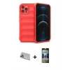 MARSİLYAN™- iPhone 12 Pro Kılıf Atlas Koleksiyonu - Siyah 34D Hayalet Izgaralı Cam + Rainbow Kamera Lens Koruma Cam - GD