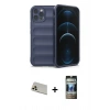 MARSİLYAN™- iPhone 12 Pro Kılıf Atlas Koleksiyonu - Siyah 34D Hayalet Izgaralı Cam + Rainbow Kamera Lens Koruma Cam - GD