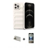 MARSİLYAN™- iPhone 12 Pro Kılıf Atlas Koleksiyonu - Siyah 34D Hayalet Izgaralı Cam + Rainbow Kamera Lens Koruma Cam - GD