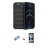 MARSİLYAN™- iPhone 12 Pro Kılıf Atlas Koleksiyonu - Siyah 34D Hayalet Izgaralı Cam + Shine Kamera Lens Koruma Cam - MI