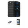 MARSİLYAN™- iPhone 12 Pro Kılıf Atlas Koleksiyonu - Siyah 34D Hayalet Izgaralı Cam + Renkli Kamera Lens Koruma Cam - TU