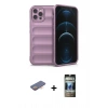 MARSİLYAN™- iPhone 12 Pro Kılıf Atlas Koleksiyonu - Siyah 34D Hayalet Izgaralı Cam + Renkli Kamera Lens Koruma Cam - TU