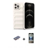 MARSİLYAN™- iPhone 12 Pro Kılıf Atlas Koleksiyonu - Siyah 34D Hayalet Izgaralı Cam + Renkli Kamera Lens Koruma Cam - TU