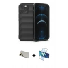 MARSİLYAN™- iPhone 12 Pro Kılıf Atlas Koleksiyonu - Siyah 3D Antistatik Cam Ekran Koruyucu + Rainbow Kamera Lens Koruma Cam - GD