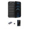 MARSİLYAN™- iPhone 12 Pro Kılıf Atlas Koleksiyonu - Siyah 3D Antistatik Hayalet Cam Ekran Koruyucu + Renkli Kamera Lens Koruma Cam - TU