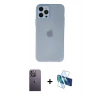 MARSİLYAN™- iPhone 12 Pro Kılıf Atlas Minimal Prime - Siyah 3D Antistatik Cam Ekran Koruyucu + Neon Fosforlu Kamera Lens - BZ