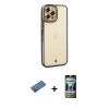 MARSİLYAN™- iPhone 12 Pro Kılıf Çekirdek Klasik Serisi - Siyah 34D Hayalet Izgaralı Cam + Shine Kamera Lens Koruma Cam - GD