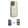 MARSİLYAN™- iPhone 12 Pro Kılıf Çekirdek Klasik Serisi - Siyah 34D Hayalet Izgaralı Cam + Neon Fosforlu Kamera Lens - BZ