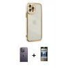 MARSİLYAN™- iPhone 12 Pro Kılıf Çekirdek Klasik Serisi - Siyah 34D Hayalet Izgaralı Cam + Neon Fosforlu Kamera Lens - BZ