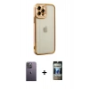 MARSİLYAN™- iPhone 12 Pro Kılıf Çekirdek Klasik Serisi - Siyah 34D Hayalet Izgaralı Cam + Neon Fosforlu Kamera Lens - BZ