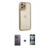 MARSİLYAN™- iPhone 12 Pro Kılıf Çekirdek Klasik Serisi - Siyah 34D Hayalet Izgaralı Cam + Neon Fosforlu Kamera Lens - BZ
