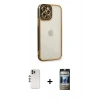 MARSİLYAN™- iPhone 12 Pro Kılıf Çekirdek Klasik Serisi - Siyah 34D Hayalet Izgaralı Cam + Shine Kamera Lens - GS
