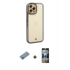 MARSİLYAN™- iPhone 12 Pro Kılıf Çekirdek Klasik Serisi - Siyah 34D Hayalet Izgaralı Cam + Shine Kamera Lens Koruma Cam - PE
