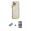 MARSİLYAN™- iPhone 12 Pro Kılıf Çekirdek Klasik Serisi - Siyah 34D Hayalet Izgaralı Cam + Shine Kamera Lens Koruma Cam - PE