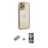 MARSİLYAN™- iPhone 12 Pro Kılıf Çekirdek Klasik Serisi - Siyah 34D Hayalet Izgaralı Cam + Shine Kamera Lens Koruma Cam - PE