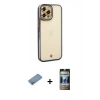 MARSİLYAN™- iPhone 12 Pro Kılıf Çekirdek Klasik Serisi - Siyah 34D Hayalet Izgaralı Cam + Shine Kamera Lens Koruma Cam - GS