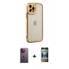 MARSİLYAN™- iPhone 12 Pro Kılıf Çekirdek Klasik Serisi - Siyah 34D Hayalet Izgaralı Cam + Neon Fosforlu Kamera Lens - TU
