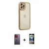 MARSİLYAN™- iPhone 12 Pro Kılıf Çekirdek Klasik Serisi - Siyah 34D Hayalet Izgaralı Cam + Neon Fosforlu Kamera Lens - TU