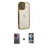 MARSİLYAN™- iPhone 12 Pro Kılıf Çekirdek Klasik Serisi - Siyah 34D Hayalet Izgaralı Cam + Neon Fosforlu Kamera Lens - TU