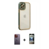MARSİLYAN™- iPhone 12 Pro Kılıf Çekirdek Klasik Serisi - Siyah 34D Hayalet Izgaralı Cam + Neon Fosforlu Kamera Lens - TU