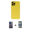 MARSİLYAN™- iPhone 12 Pro Kılıf Çekirdek Modern Serisi - Siyah 34D Hayalet Izgaralı Cam + Neon Fosforlu Kamera Lens - MI