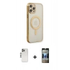 MARSİLYAN™- iPhone 12 Pro Kılıf Doruk Minimal - Siyah 34D Hayalet Izgaralı Cam + Shine Kamera Lens - GS