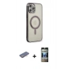 MARSİLYAN™- iPhone 12 Pro Kılıf Doruk Minimal - Siyah 34D Hayalet Izgaralı Cam + Renkli Kamera Lens Koruma Cam - MI