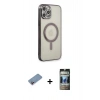 MARSİLYAN™- iPhone 12 Pro Kılıf Doruk Minimal - Siyah 34D Hayalet Izgaralı Cam + Shine Kamera Lens Koruma Cam - PE