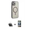 MARSİLYAN™- iPhone 12 Pro Kılıf Doruk Minimal - Siyah 34D Hayalet Izgaralı Cam + Kamera Lens Koruma Cam - SF
