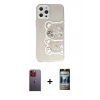 MARSİLYAN™- iPhone 12 Pro Kılıf Eksen Asil Prime - Siyah 34D Hayalet Izgaralı Cam + Neon Fosforlu Kamera Lens - TU