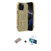 MARSİLYAN™- iPhone 12 Pro Kılıf Eksen Çizgi - Siyah 3D Antistatik Cam Ekran Koruyucu + Shine Kamera Lens Koruma Cam - SABE