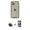 MARSİLYAN™- iPhone 12 Pro Kılıf Eksen Minimal Koleksiyonu - Siyah 34D Hayalet Izgaralı Cam + Kamera Lens Koruma Cam - SF