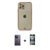 MARSİLYAN™- iPhone 12 Pro Kılıf Eksen Minimal Koleksiyonu - Siyah 34D Hayalet Izgaralı Cam + Neon Fosforlu Kamera Lens - MI