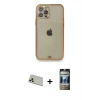 MARSİLYAN™- iPhone 12 Pro Kılıf Eksen Minimal Koleksiyonu - Siyah 34D Hayalet Izgaralı Cam + Rainbow Kamera Lens Koruma Cam - GD