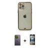 MARSİLYAN™- iPhone 12 Pro Kılıf Eksen Minimal Koleksiyonu - Siyah 34D Hayalet Izgaralı Cam + Yeşil Neon Fosforlu Kamera Lens