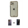 MARSİLYAN™- iPhone 12 Pro Kılıf Eksen Minimal Koleksiyonu - Siyah 3D Antistatik Hayalet Cam Ekran Koruyucu + Neon Fosforlu Kamera Lens - SI