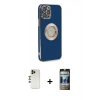 MARSİLYAN™- iPhone 12 Pro Kılıf İz Form Serisi - Siyah 34D Hayalet Izgaralı Cam + Shine Kamera Lens - GD
