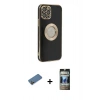 MARSİLYAN™- iPhone 12 Pro Kılıf İz Form Serisi - Siyah 34D Hayalet Izgaralı Cam + Shine Kamera Lens Koruma Cam - GD